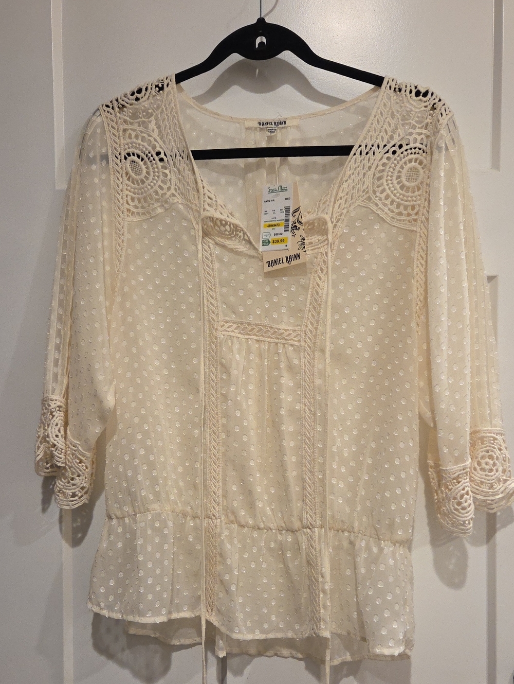 Daniel Rainn Cream Swiss-Dot Crochet Peasant Top
